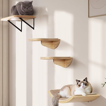 Cat Shelves with Scratching Mat, Cats Wall Furniture Set with 2 Steps 1 Square Platform and 1 Curved Platforms, Wooden Cat Climbing Frame Set for Sleeping and Playing