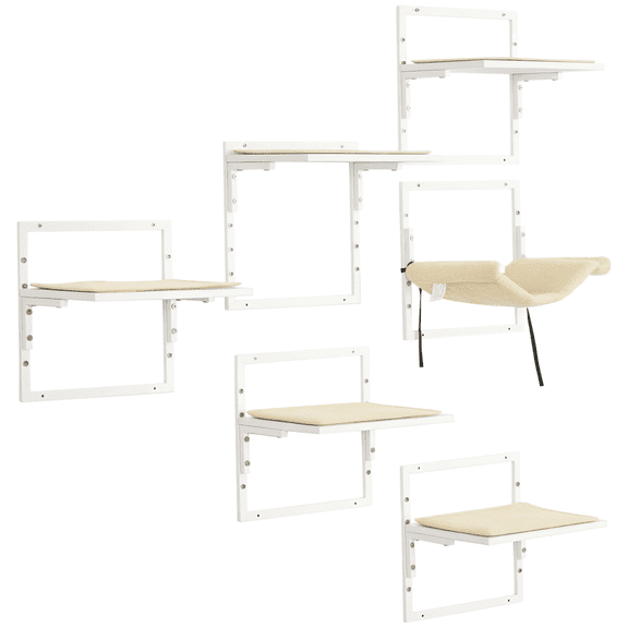 Cat Shelves for Indoor Cats, 6Pc Modern Cat Wall Furniture with Adjustable Height Jumping Platforms & Hammock, Cream White
