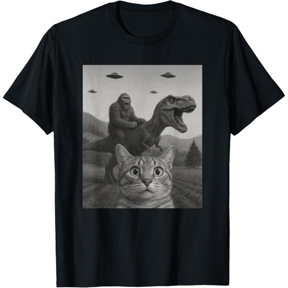 Cat Shirts Cat Selfie Riding T-Rex Dinosaur T-Shirt