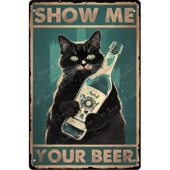 Cat Show Me Your Beer's Retro Metal Tin Sign, Funny Black Cat Sign, Home Coffee Bar Shop Decorations, Cat Gifts for Men, Gifts for Cat Lover, Man Cave Decor 5.5x8 Inches