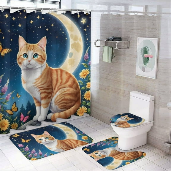 Cat Shower Curtain 4-Piece Bathroom Decorative Set, 72" x 72" Shower Curtain ,Toilet Cover Mat, U-Shaped Mat, and Non-Slip Floor Mat, Cute Cat Theme