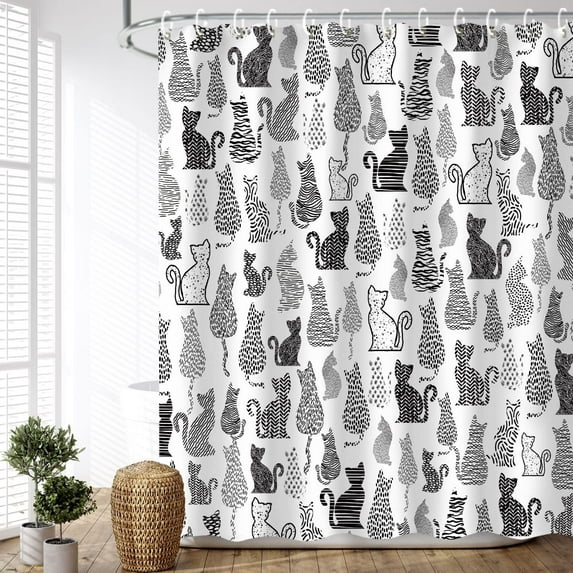 Cat Shower Curtain for Bathroom Cute Shower Curtain with 12 Hooks Kitten Animal Decorative Black and White Fabric Bath Curtain Gift for Cat Lovers Kids and Girls Machine Washable (72"W X 72"H)