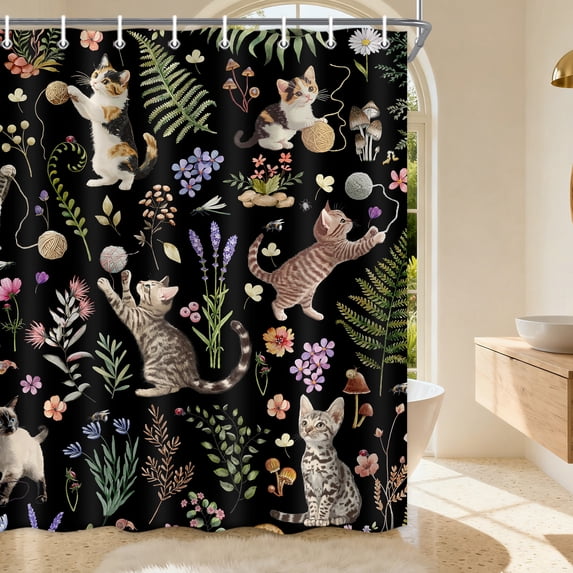 Cat Shower Curtain, Black Boho Watercolor Floral Plant Shower Curtains for Bathroom, Cute Funny Animal Wildflowers Print Waterproof Polyester Fabric Shower Curtain Set with 12 Hooks,72X84IN