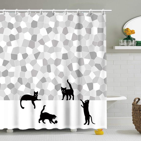 Cat Shower Curtain, Black Cat Shower Curtain with 12 Hook, Black Fun Silhouette Cat Shower Curtain, Mosaic Shower Curtain, Fun Shower Curtains for Bathroom 72''''W x 72''''H
