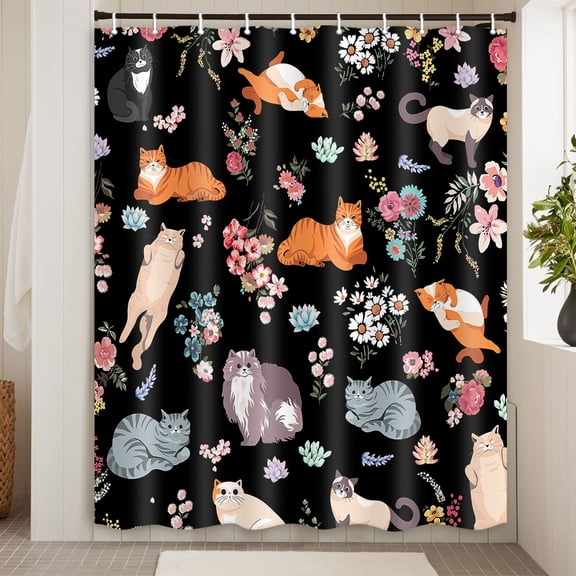 Cat Shower Curtain, Black Cute Funny Floral Kitten Boho Bathroom Shower Curtain, White Daisies Roses Cat Funny Shower Curtains, With Hooks, 60X72 Inch.
