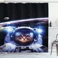 thumbnail image 1 of Cat Shower Curtain, Funny Astronaut Cat above Earth in Outer Space Explorer Kitty Mission Humor Art Image, Fabric Bathroom Set with Hooks, 69W X 84L Inches Extra Long, Blue White, by Ambesonne, 1 of 2