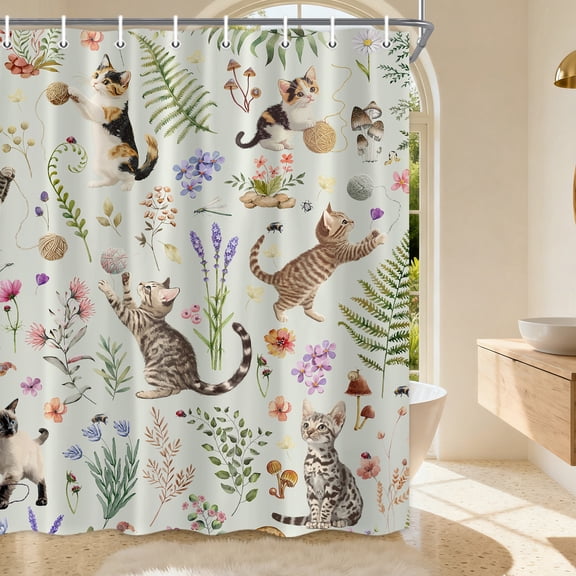 Cat Shower Curtain, Green Boho Watercolor Floral Plant Shower Curtains for Bathroom, Cute Funny Animal Wildflowers Print Waterproof Polyester Fabric Shower Curtain Set with 12 Hooks,36X72IN