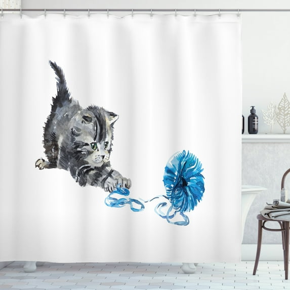 Ambesonne Cat Shower Curtain, Playful Kitten Furry, 69"Wx75"L, Grey Blue