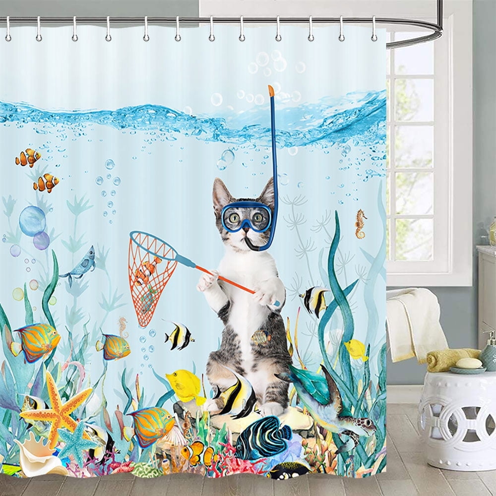 Cat Shower Curtain Teal Blue Ocean Fish Shower Curtain Funny Shower Curtain for Kids Bathroom Funny Cat Shower Curtain Ocean Animal Starfish Fish