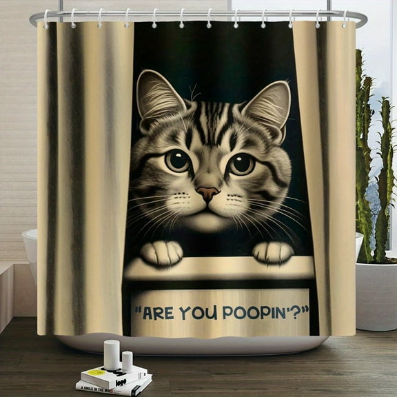 Cat Shower Curtains Cute are You Poopin' Funny Humorous Animal Whimsical Bathroom Curtain Curious Joke Cat Shower Curtain Sets for Bathroom Extra Long 66x72 in with 12 Hooks