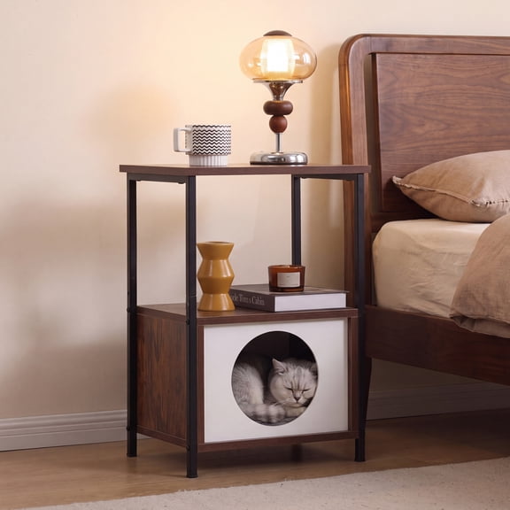 Cat Side Table with Hideaway Crate, 2-in-1 End Table with Pet Rest Area, Storage Compartment and Tiger Stripe Finish, Multi-Functional Furniture for Living Room