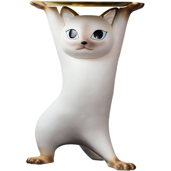 Cat Side Table with Gold Tray Resin Animal Figurine End Table, Small Coffee Table for Sofa Side, Living Room, Bedroom, or Entryway Decor (Cat-A)