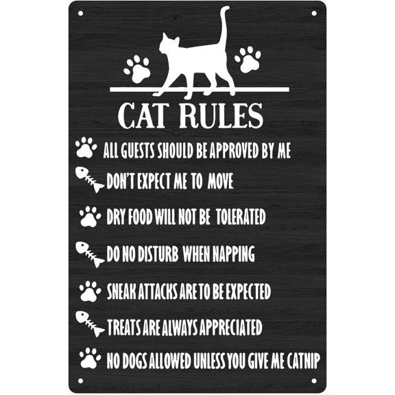 Cat Sign Funny Cat Rules Tin Sign Novelty Wall Art Decoration Humorous Metal Sign 8x12 inch