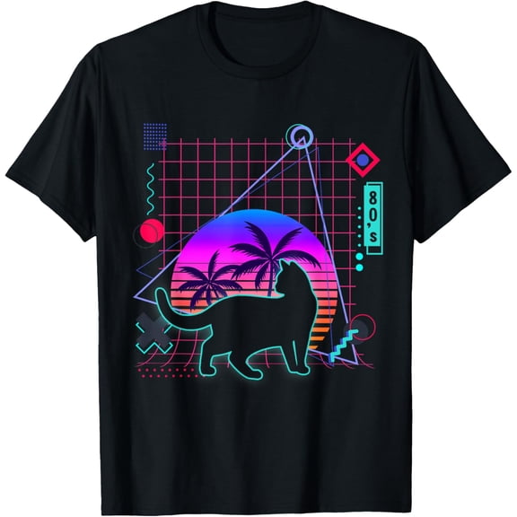 Cat Silhouette Aesthetic Vaporwave 80s Style Cats Lover T-Shirt