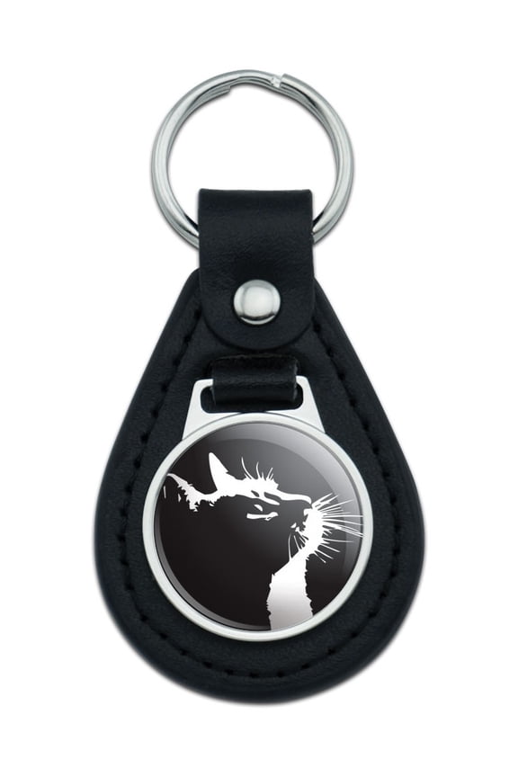 Cat Silhouette Black White Black Leather Keychain