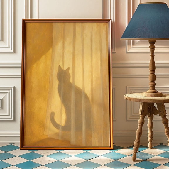 Cat Silhouette Curtain Shadow Warm Golden Hour Moody Cat Poster Unframed Paper Print