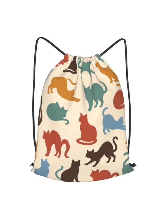 Cat Silhouette Pattern Drawstring Backpack Gym String Bag Sports Sackpack Cinch Sack, S