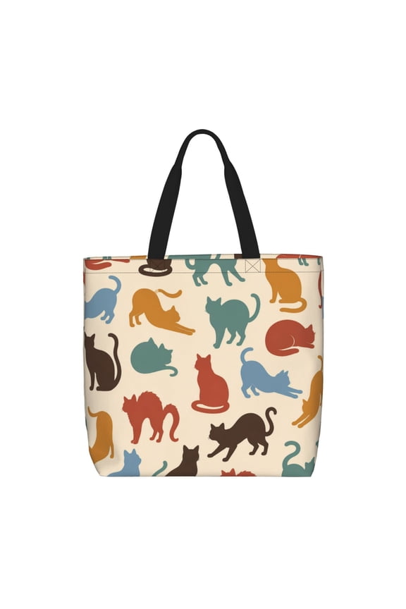 Cat Silhouette Pattern Zippered Tote Bag Large Capacity Shoulder Handbag for Shopping, Work, Travel