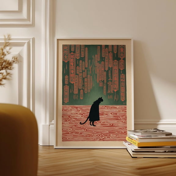 Cat Silhouette Print Lantern Script Illustration in Green and Red