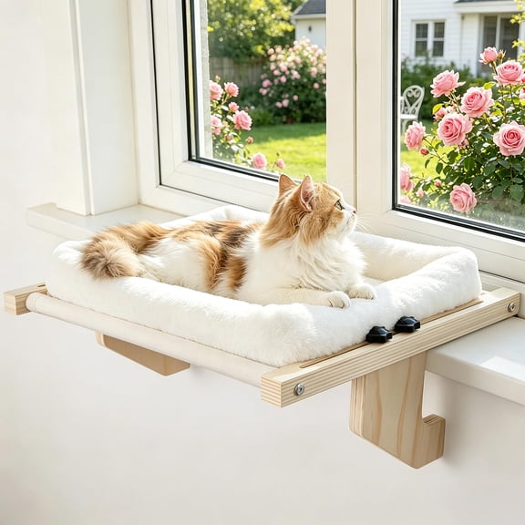 Cat Sill Window Perch - Pine Frame  Soft Rabbit Cushion Tool-free Adjustment Supports 40 Lbs (medium-white)