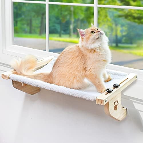 Cat Sill Window Perch Sturdy Cat Hammock Window Seat with Wood & Metal Frame for Large Cats, Easy to Adjust Cat Bed for Windowsill, Bedside, Drawer and Cabinet