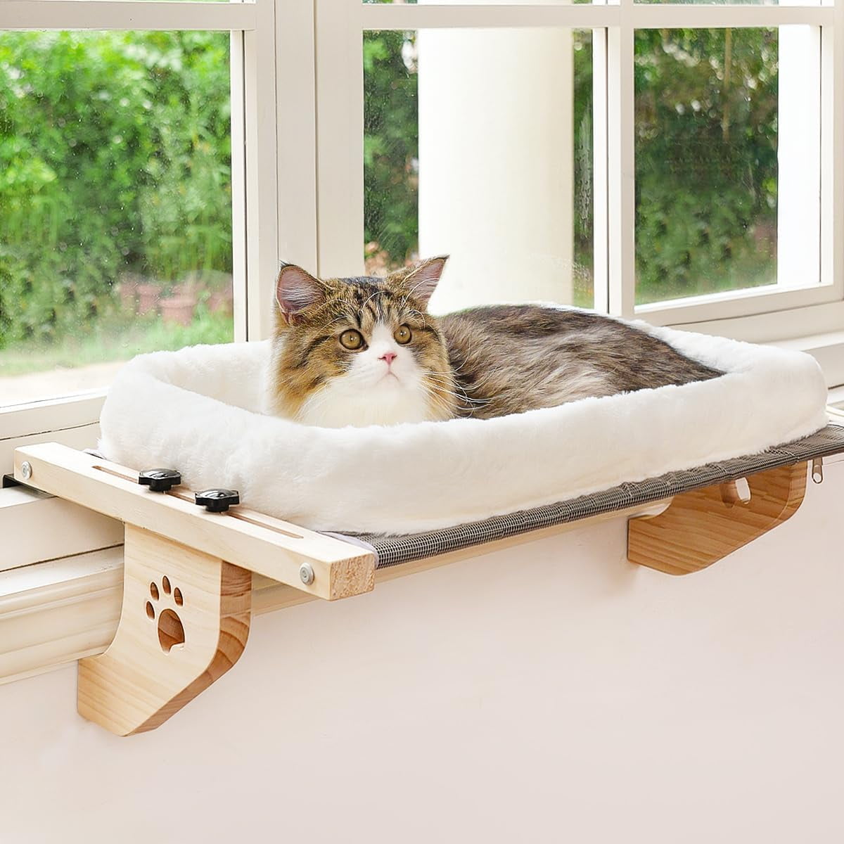 Cat Sill Window Perch Sturdy Hammock Seat with Cushion Bed Cover, Wood & Metal Frame for Large Cats, Easy to Adjust Windowsill, Bedside, Drawer and Cabinet(Cushion Bed)