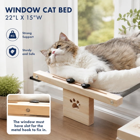 Cat Sill Window Perch Sturdy Hammock with Cushion, Adjustable Wood & Metal Frame Bed for Large Cats, Cozy Windowsill Cat Bed