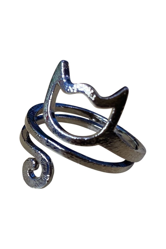 Cat Silver Ring for Women – Adjustable Wrap Finger Jewelry with Cute Design and Elegant Finish,One Size,Black