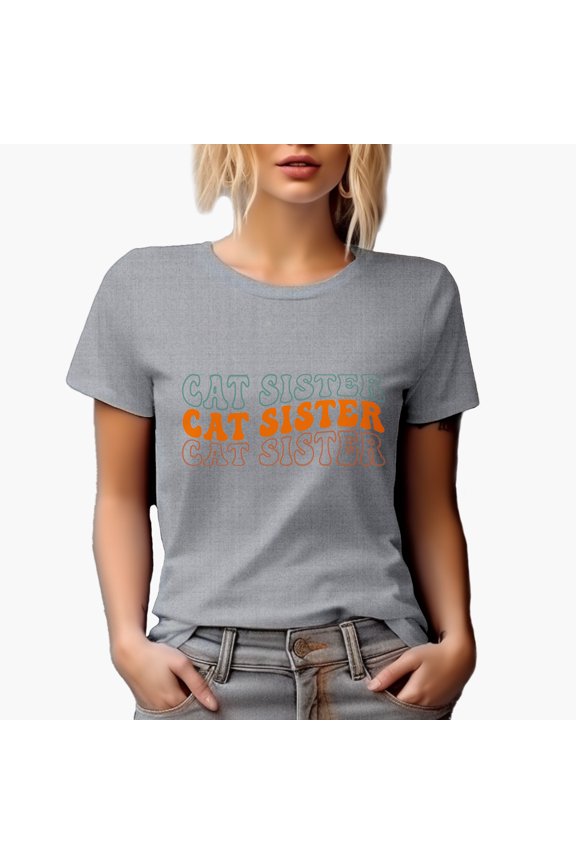 Cat Sister, Title or Name for Sisters of Cats, Groovy Retro Wavy Text Merch Gift, Heather Grey T-Shirt, Large