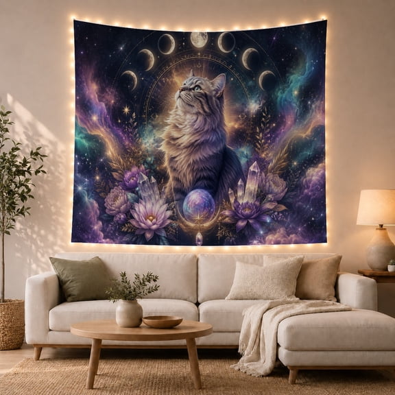 Cat Sitting Among Moon Phases and Crystals, Mystical Celestial Style for Cat Lovers, Cat Wall Art, Birthday Gift, Tapestry Wall Hanging for Bedroom, Living Room and Dorm
