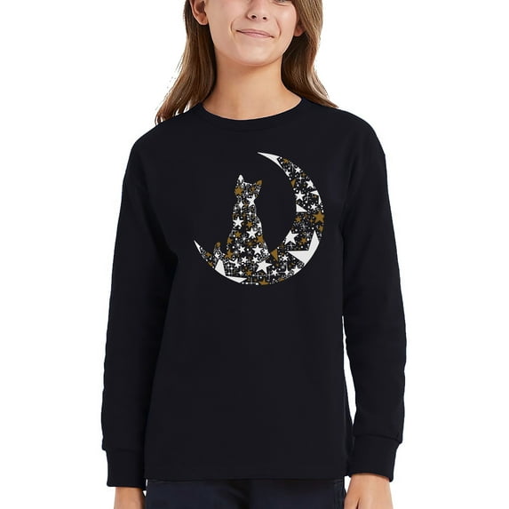 Cat Sitting On Moon - Girl's Word Art Long Sleeve T-Shirt