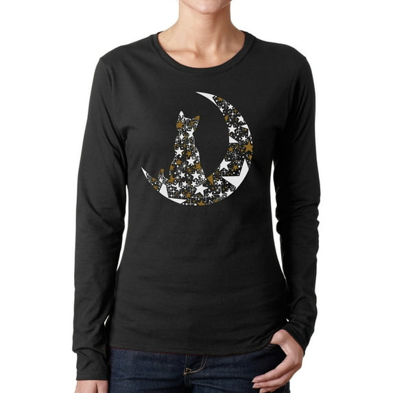 Cat Sitting On Moon - Women's Word Art Long Sleeve T-Shirt