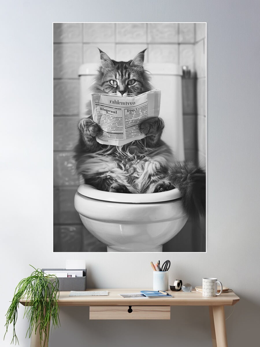 Cat Sitting On The Toilet Reading A Newspaper Poster Wall Art, Modern ...
