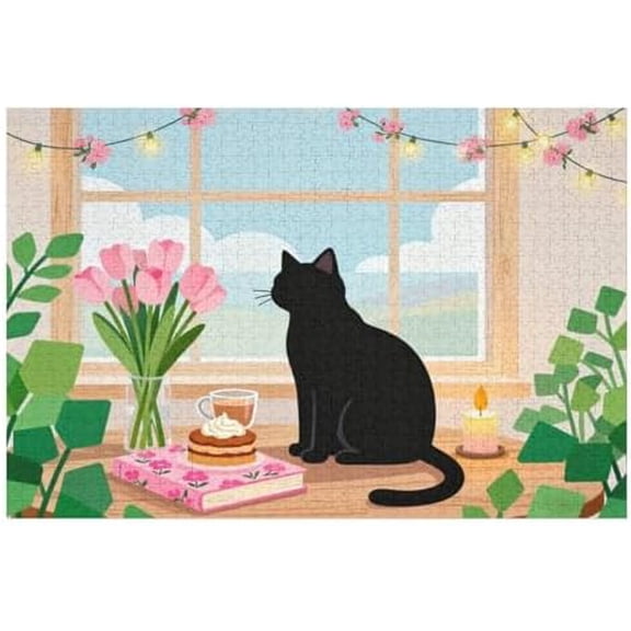 Cat Sitting at Table with Coffee Cake 500 Piece Jigsaw Puzzle for Adults, 20.5x15 in Cute Feline Scene with Vivid Print, Sturdy Wooden Pieces for Home Wall Decor