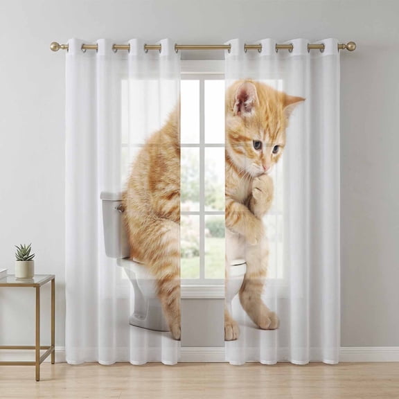 Cat Sitting on The Toilet Thinking Sheer Curtains 96 Inch Long 2 Panels, Abstract Funny Animal Light Filtering Semi Sheer Drapes Grommet Voile Window Curtain for Living Bedroom W52 x L96