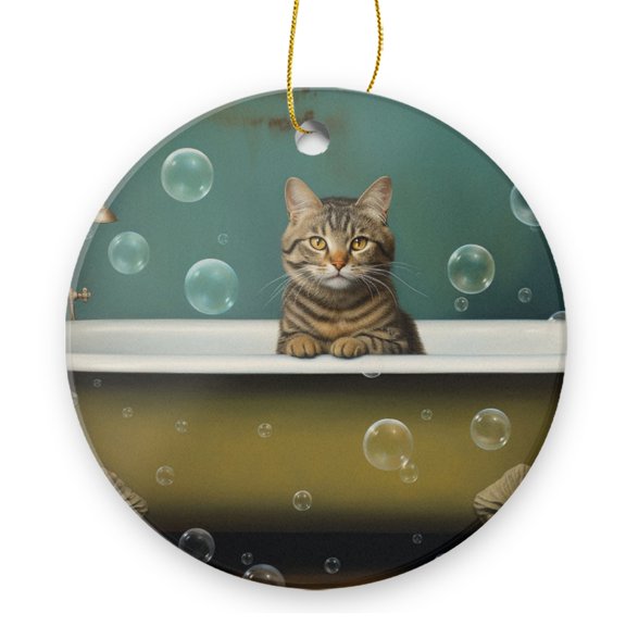 Cat Sitting In Vintage Bathtub With Bubbles Floating Around - Christmas Ornament Xmas Keepsake Ceramic Ornaments Holiday Decorations for Tree Christmas Gift Ideas 2.95in