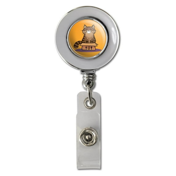Cat Sitting in Box Retractable Reel Chrome Badge ID Card Holder Clip
