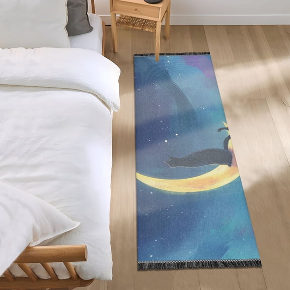Cat Sitting on The Moon Bedside Runner Rug 2'x 6' Non Slip Carpet Floor Mat Area Rug