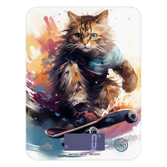 Cat Skateboard Food Scale Digital Kitchen Scale Waterproof Tempered Glass Tare Function 11 lb for Baking Cooking Meal Prep