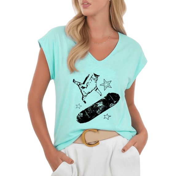Cat Skateboard Shirt Graphic Tees Print Tshirt Shirts Blue Women Vintage Cat Skater Casual Sleeveless Summer Tee Size S-5XL Tops