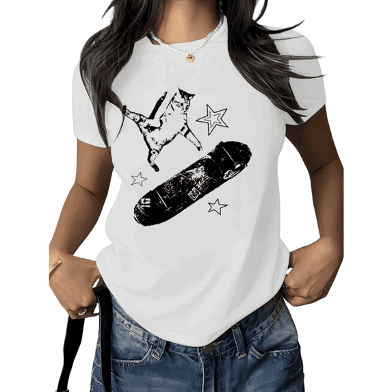 Cat Skateboard Shirt Graphic Tees Print Tshirt Shirts White Women Vintage Cat Skater Streetwear Casual Summer Soft Cotton Tee Size S-5XL Tops