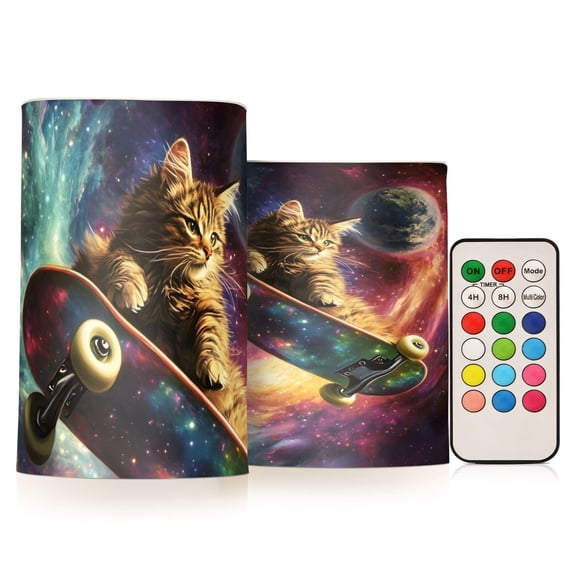 Cat Skateboard Starry Sky Flickering Flameless Candles Battery Operated with Remote Timer LED Pillar Candles Set of 2