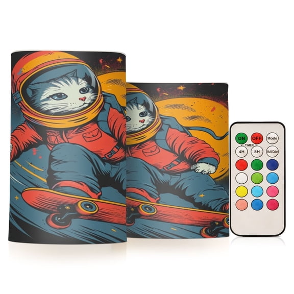 Cat Skateboarding in Space Flickering Flameless LED Candles set of 2 Battery Operated 18-Key Remotes Timer Halloween Fall Decor D3''xH4''5''