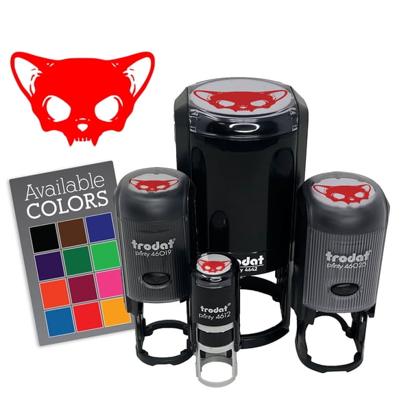 Cat Skull Ears Bones Skeleton Self-Inking Rubber Stamp for Stamping Ink Stamper Crafting Planners - 1 Inch Medium - Red Ink