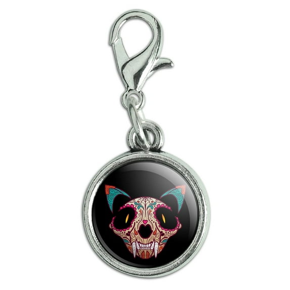 Cat Skull Mexican Day of the Dead Antiqued Bracelet Pendant Zipper Pull Charm with Lobster Clasp