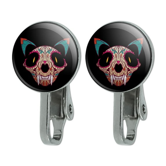 Cat Skull Mexican Day of the Dead Novelty Clip-On Stud Earrings