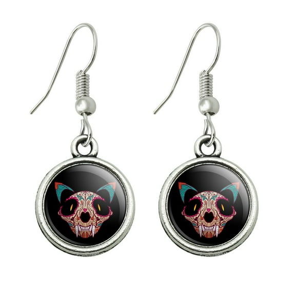 Cat Skull Mexican Day of the Dead Novelty Dangling Drop Charm Earrings