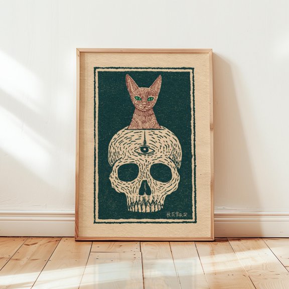 Cat Skull Poster Occult Illustration Print Surreal Wall Art