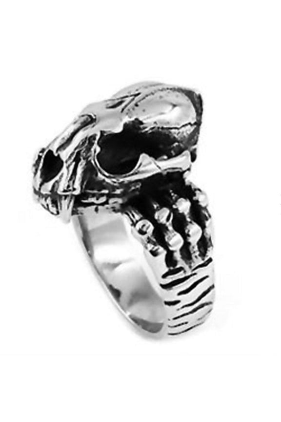 Cat Skull Ring Mens 316L Surgical Stainless Steel Cybergoth Saber Tooth Tiger Band Fantasy Forge Jewelry