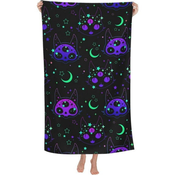 Cat Skull and Moon Large Beach Towel - Plush Thick Cotton Pool Towel, Adult Beach Towels